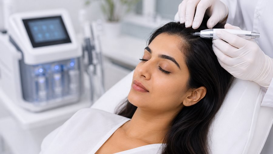 Hair restoration therapy being administered to the scalp
